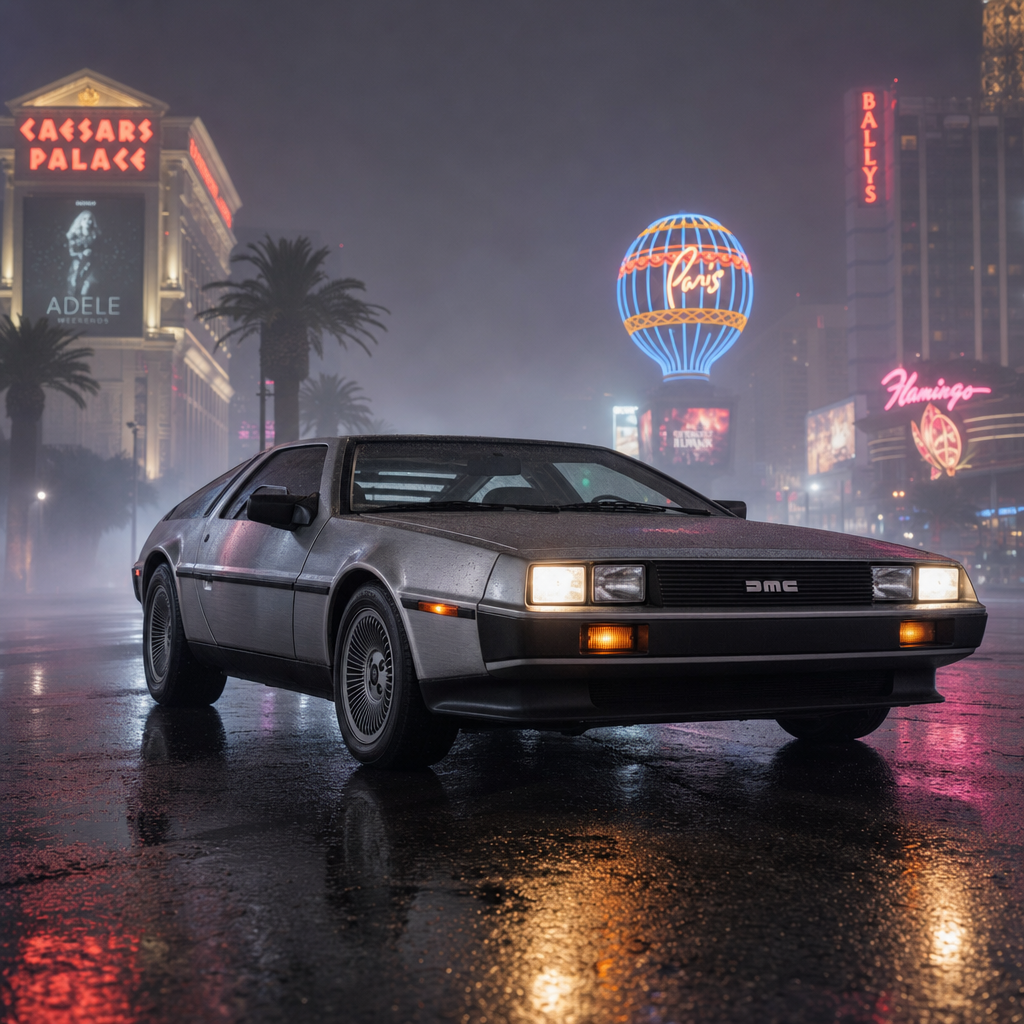 DeLorean im Nebel auf den Straßen von Las Vegas